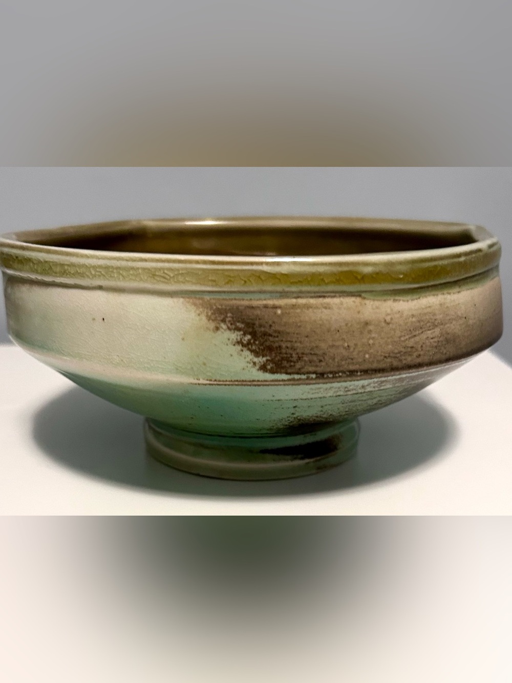 Vintage Studio Pottery Organic Square Footed Bowl Green Crackle Glaze 6”